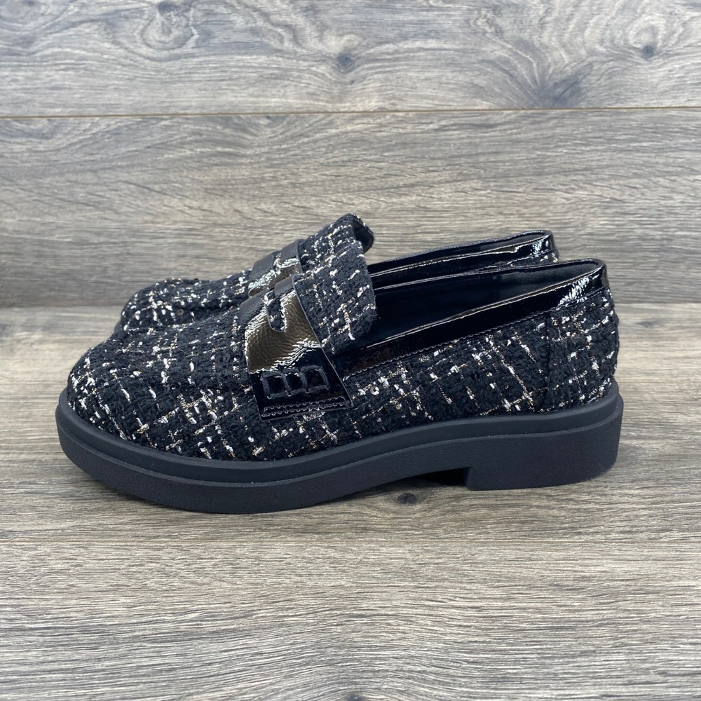 Jessica Simpson Xuris Loafers Womens 7.5 Black White Tweed Platform Patent Trim